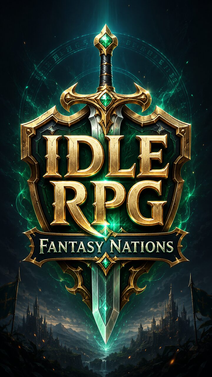 Titelbild von Idle RPG – Fantasy Nations: goldenes Wappen mit Schwert vor einer nächtlichen Burg
