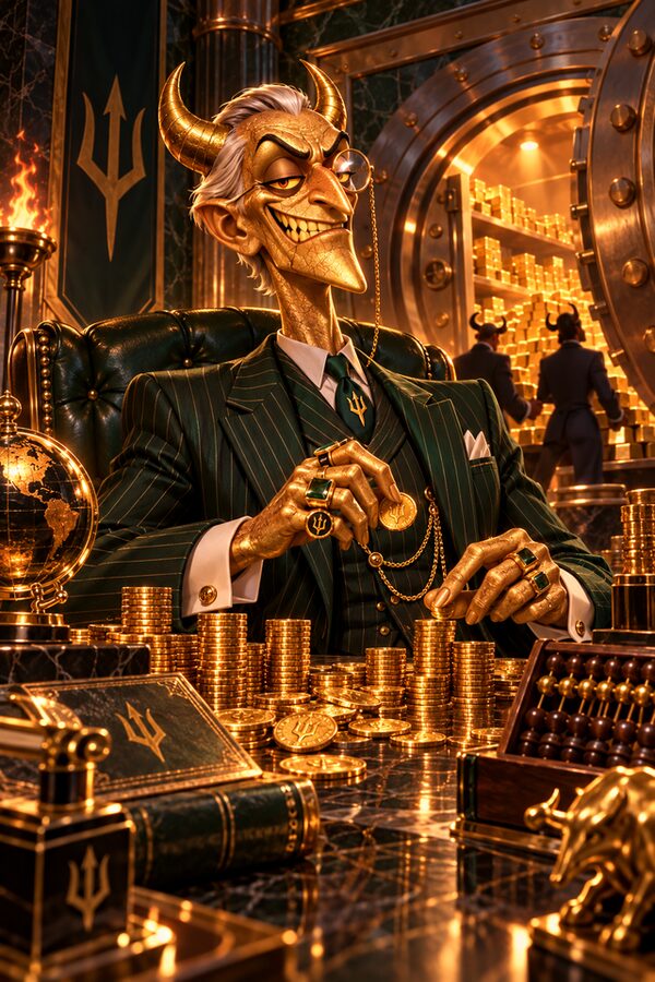 Mammon als goldhäutiger Banker zwischen Geldstapeln