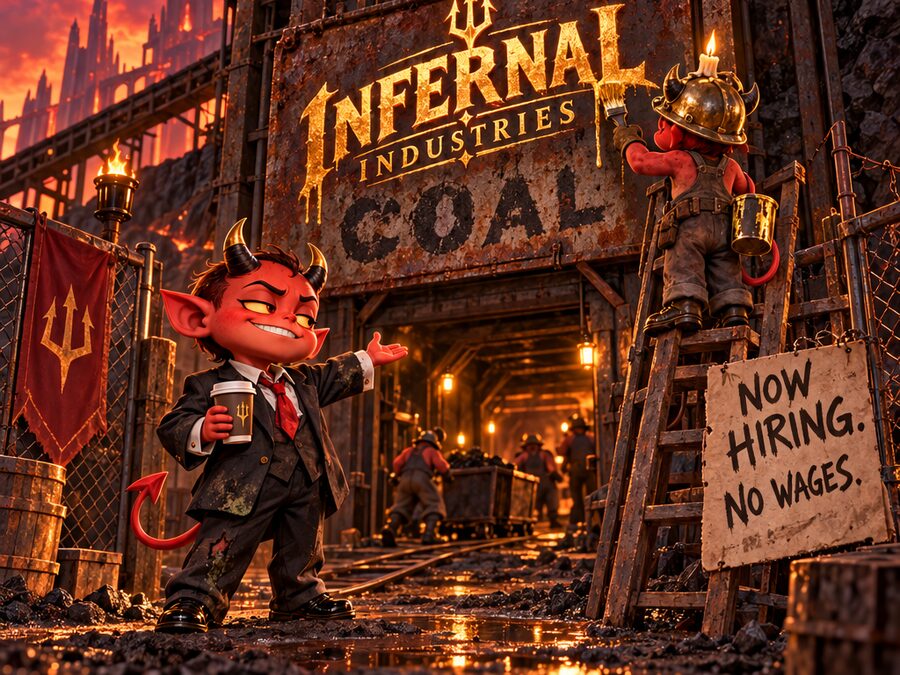 Der kleine Dämon vor einer alten Kohlefabrik mit dem Schild Now hiring – no wages